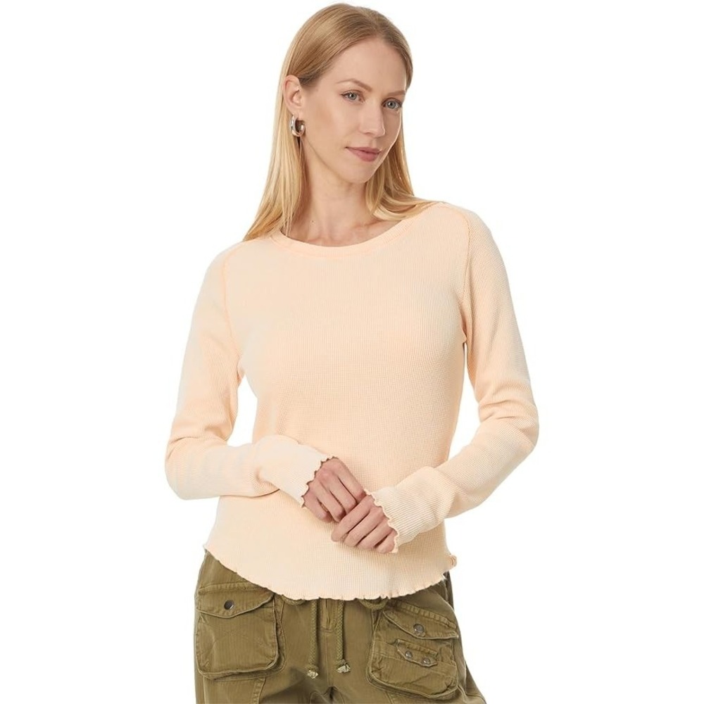 We The Free Easy Does It Tee Waffle Knit Thermal S Peach Lettuce Hem Boho Grunge